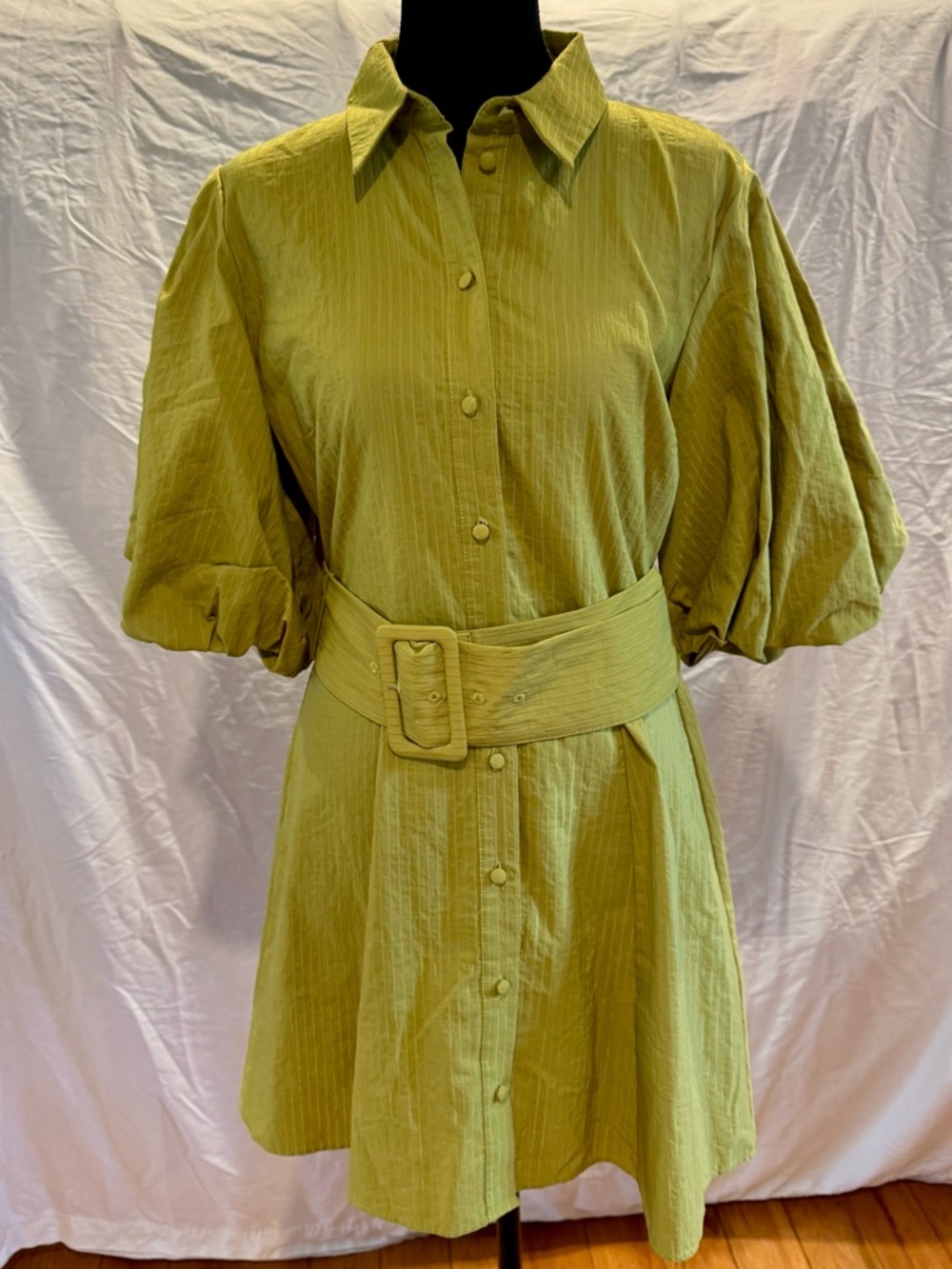 Zara Olive Green Button-Front Puff Sleeve Mini Dress with Belt